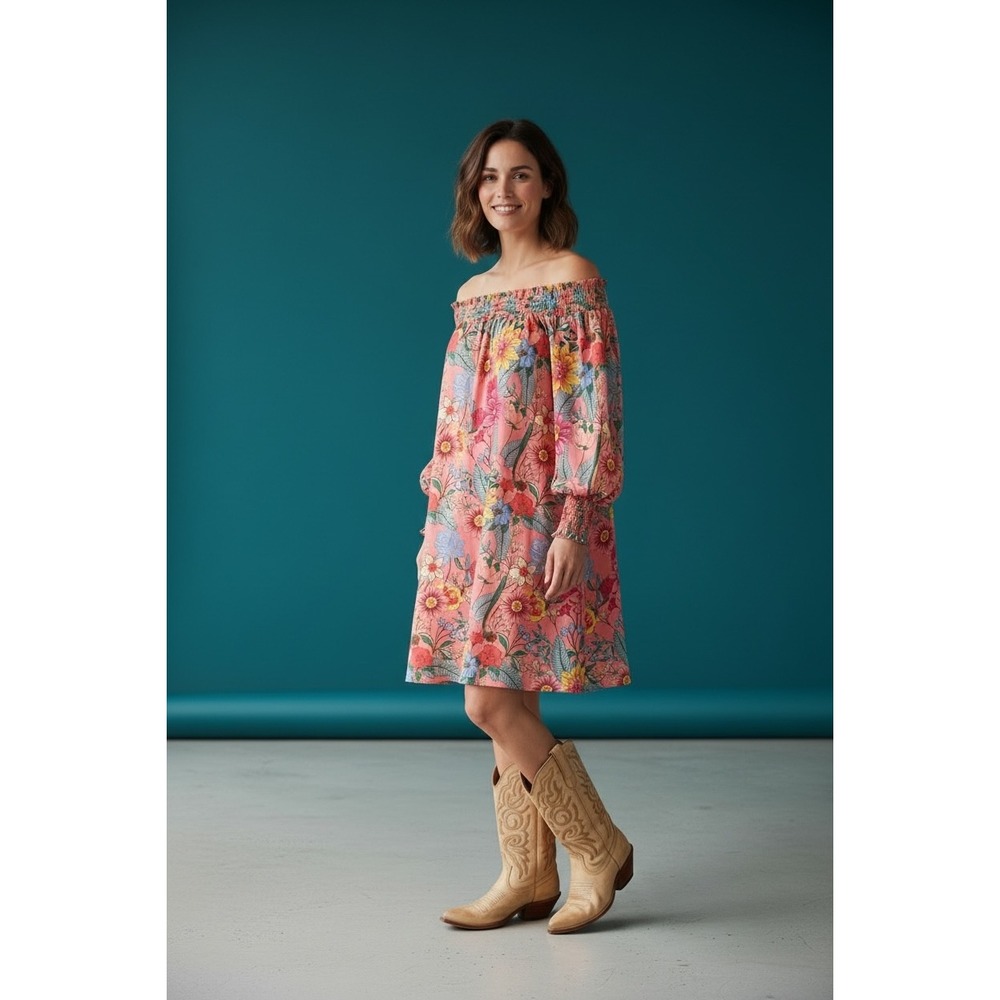 Umgee Pink Floral Smocked Off the Shoulder Mini Dress A6255 Small Boho Festival